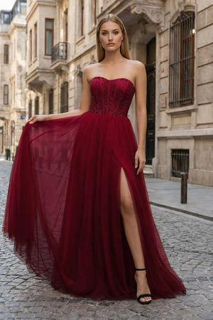 A - Line Sweetheart Beads Empire - Waist Sleeveless Prom Dress With Slit - KissProm