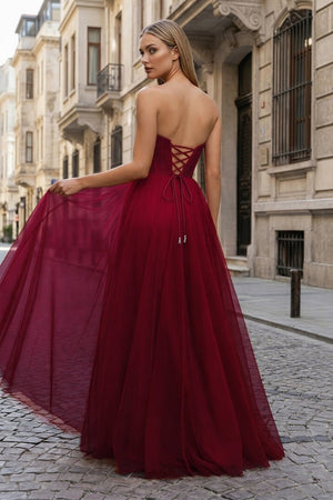 A - Line Sweetheart Beads Empire - Waist Sleeveless Prom Dress With Slit - KissProm