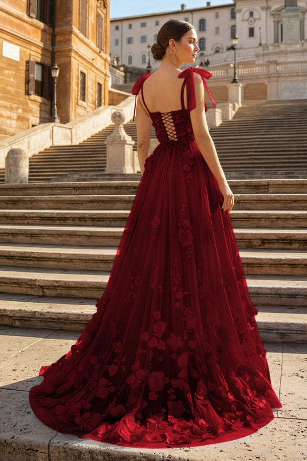 Scarlet Tulle A-line 3D Flower Long Prom Dress With Slit – Prom Dress by KissProm | Available at KissProm