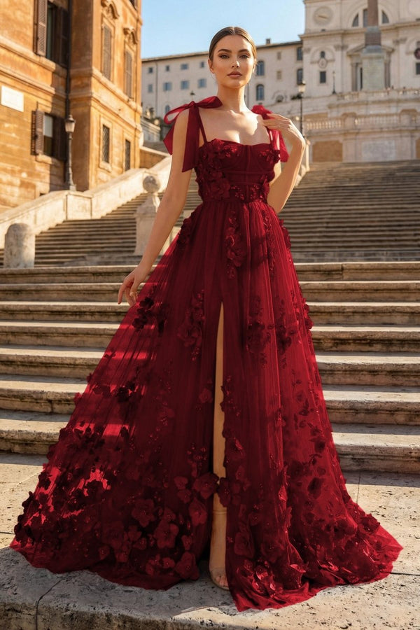 Scarlet Tulle A-line 3D Flower Long Prom Dress With Slit – Prom Dress by KissProm | Available at KissProm