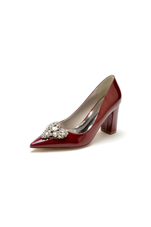 Burgundy High Heels with Gemstone - Adorned Golden Buckle - KissProm
