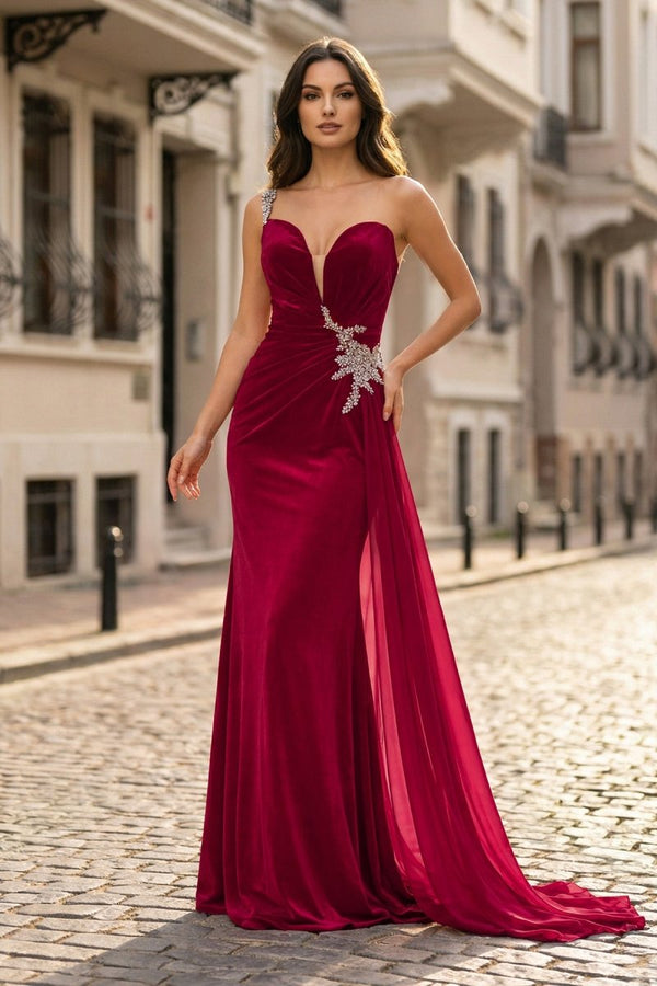Black Rhinestone One Shoulder A Line Prom Dress with Slit - KissProm