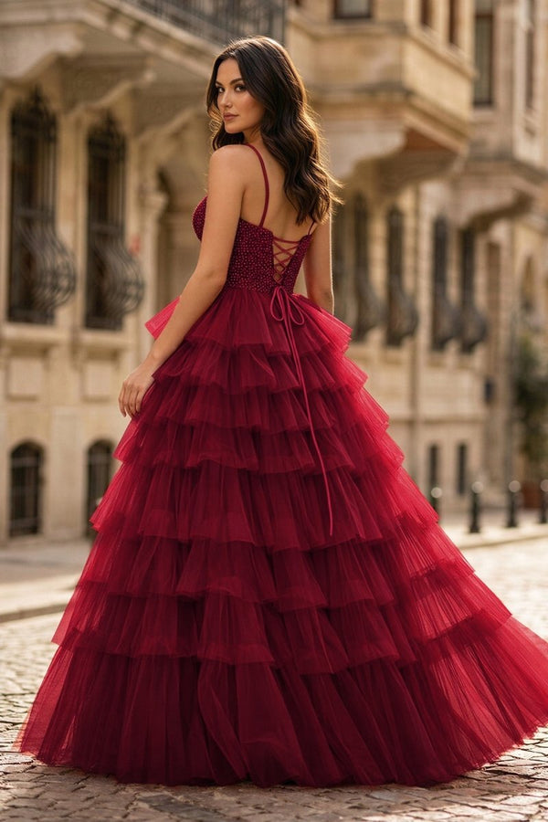 Spaghetti Straps Sweetheart Layered Tulle Formal Prom Dress with Slit - KissProm