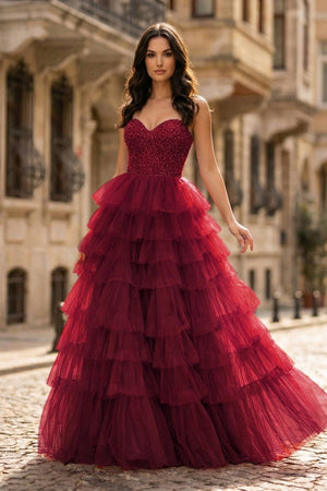 Spaghetti Straps Sweetheart Layered Tulle Formal Prom Dress with Slit - KissProm