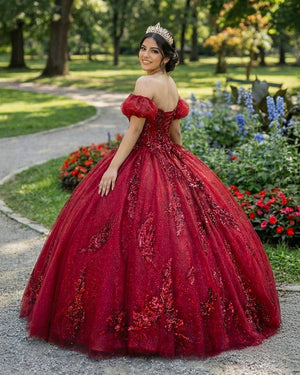 Quinceanera Dress Burgundy Off Shoulder Tulle Lace Long Prom Dresses – Quinceanera Dress by KissProm | Available at KissProm