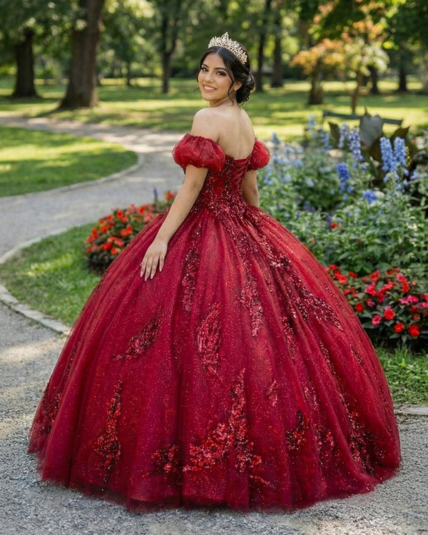 Quinceanera Dress Burgundy Off Shoulder Tulle Lace Long Prom Dresses – Quinceanera Dress by KissProm | Available at KissProm