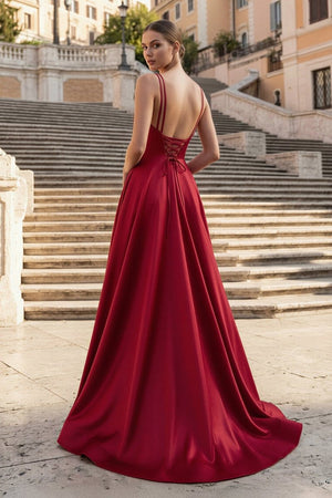 Burgundy Spaghetti Straps A Line Satin Long Prom Dresses With Slit - KissProm