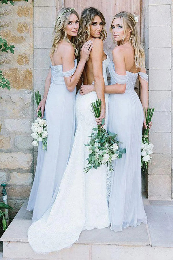 Light Blue A - Line Off the Shoulder Long Chiffon Boho Bridesmaid Dress - KissProm