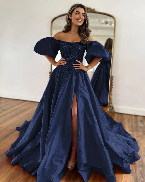 A-Line Off The Shoulder Taffeta Prom Dress With Short Puffy Sleeves – Prom Dress by KissProm | Available at KissProm
