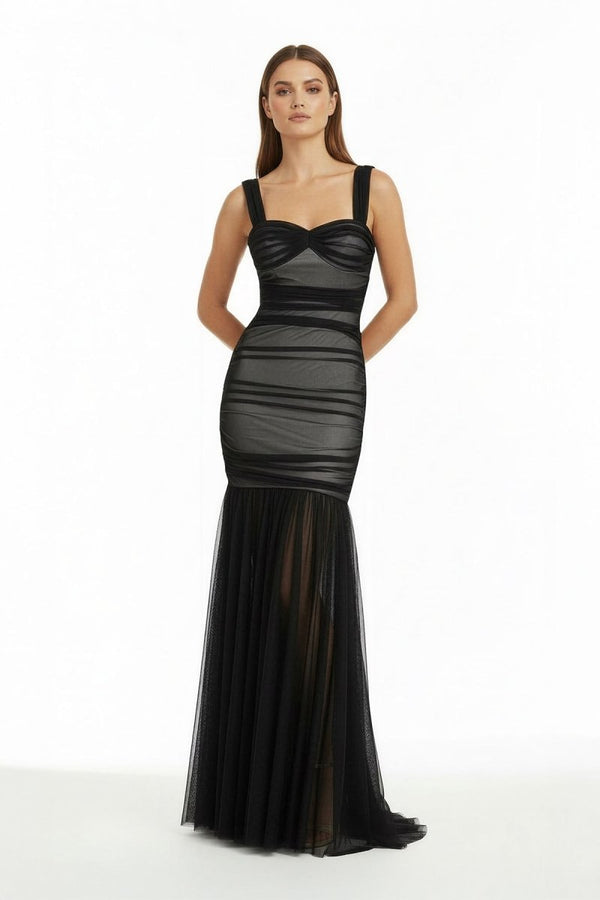 Caelis | Black - Off The Shoulder Mermaid Tulle Pleated Long Formal Prom Dresses - KissProm