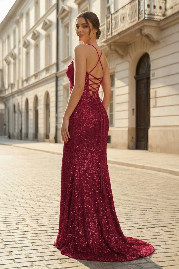 Dark Green Spaghetti Straps Sequins Mermaid Long Formal Prom Dresses With Slit - KissProm