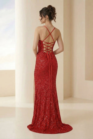 Calisyn | Red - Spaghetti Straps Sequins Mermaid Long Formal Prom Dresses With Slit – Prom Dress by KissProm | Available at KissProm