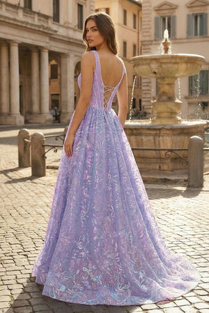 Lilac Square Neck A Line Sequined Long Formal Prom Dresses With Pearls - KissProm