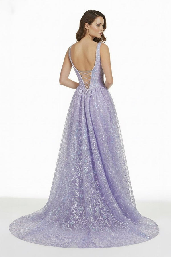 Calyn | Lilac - Square Neck A Line Sequined Long Formal Prom Dresses With Pearls - KissProm