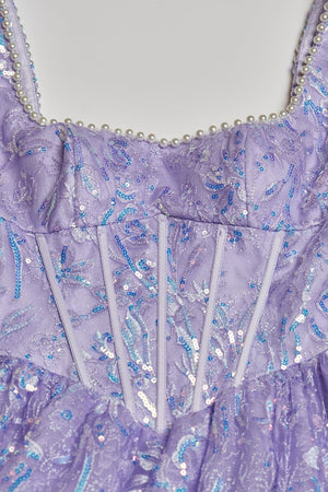 Calyn | Lilac - Square Neck A Line Sequined Long Formal Prom Dresses With Pearls - KissProm