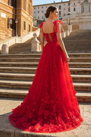 Scarlet Tulle A-line 3D Flower Long Prom Dress With Slit – Prom Dress by KissProm | Available at KissProm