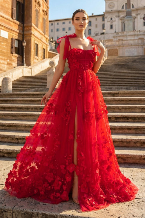 Scarlet Tulle A-line 3D Flower Long Prom Dress With Slit – Prom Dress by KissProm | Available at KissProm