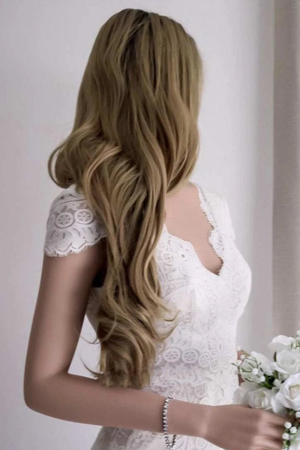 Cap Sleeve Satin Lace Split Mermaid Wedding Dress
