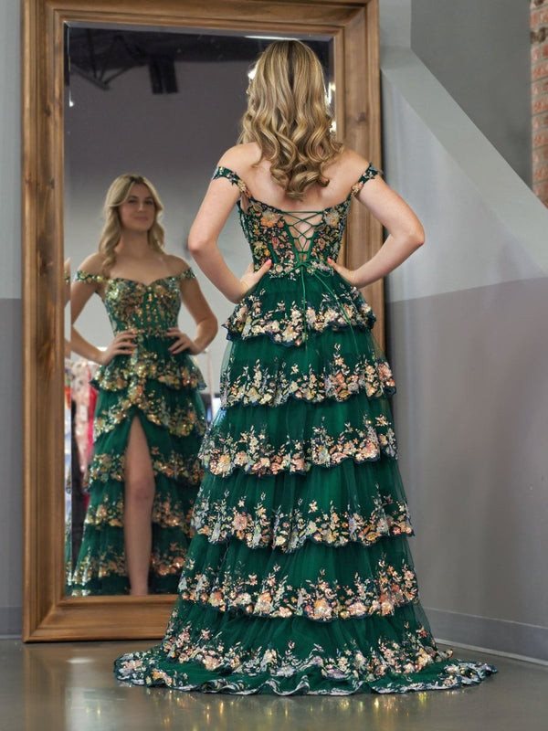 A-Line Lace Off-the-Shoulder Tiered Long Prom Dress with Slit – Prom Dress by KissProm | Available at KissProm