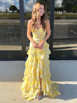 Cassian | Yellow - Mermaid Sweetheart Printed Chiffon Long Prom Dresses with Slit-KissProm