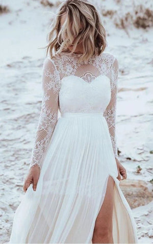 Casual Lace Bateau A Line Tulle Floor-length Wedding Dress with Split Front and Pleats