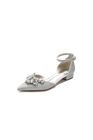 Casual Pointed Toe Ankle Strap Low Heels with Rhinestone - KissProm