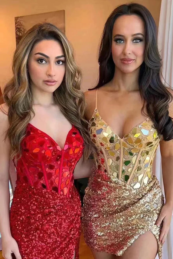 Nelly | Red Mirror-Cut Sequins Halter Sheath V Neck Homecoming Dress