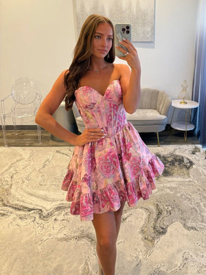 Celestina | Pink - A Line Sweetheart Brocade Textured Corset Homecoming Dresses with Ruffles