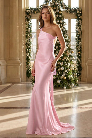 Yellow - One Shoulder Sheath Satin Backless Long Prom Dresses - KissProm