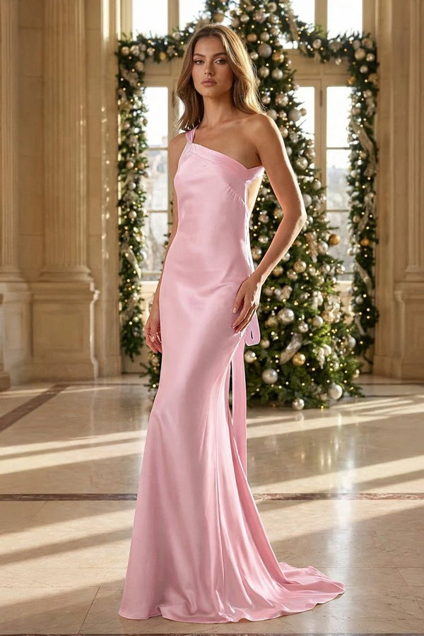 Yellow - One Shoulder Sheath Satin Backless Long Prom Dresses - KissProm