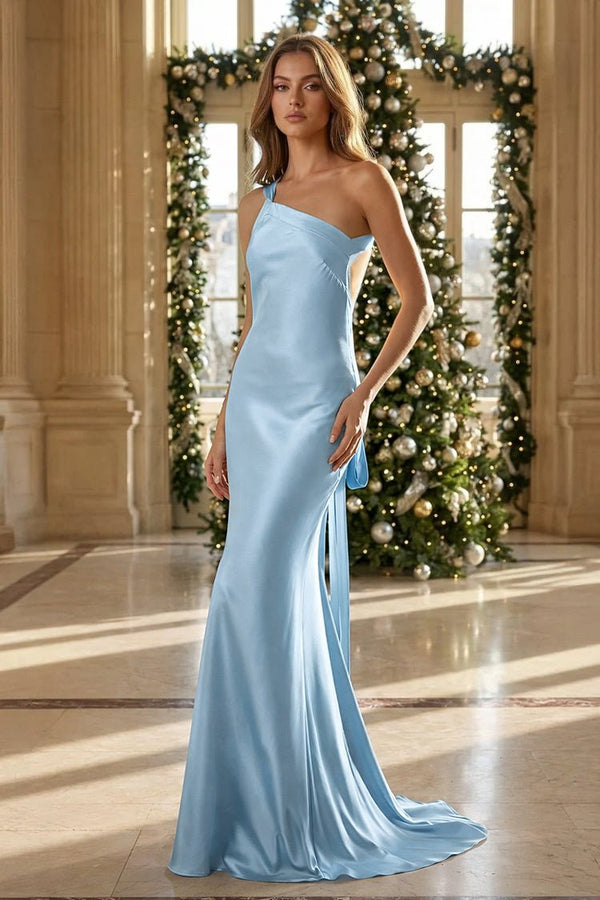 Yellow - One Shoulder Sheath Satin Backless Long Prom Dresses - KissProm