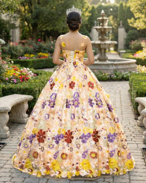 Quinceanera Dress Champagne A - line Flowers Long Prom Dress - KissProm