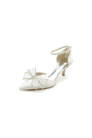 Champagne Pointed Toe Ankle Strap Wedding Shoes with Bow - KissProm