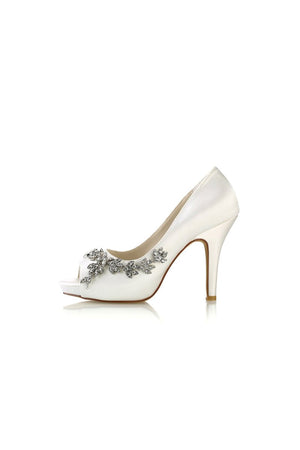 Champagne Satin Heels with Silver Metal Flower Ornament - KissProm