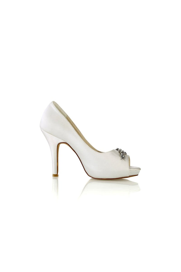 Champagne Satin Heels with Silver Metal Flower Ornament - KissProm