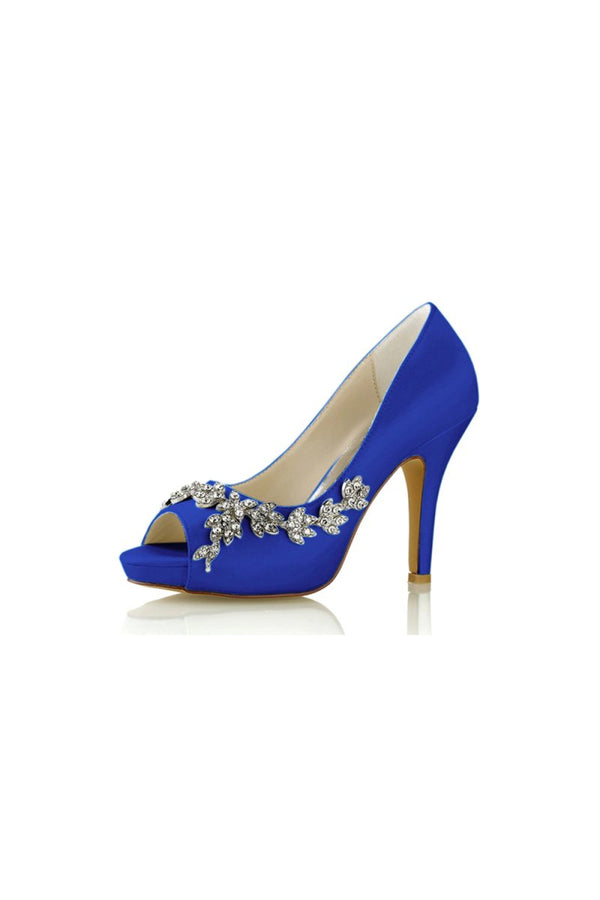 Champagne Satin Heels with Silver Metal Flower Ornament - KissProm