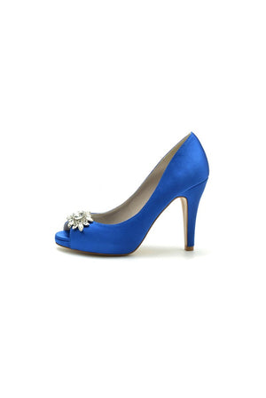 Champagne Satin High Heels with Crystal Flower Ornament - KissProm