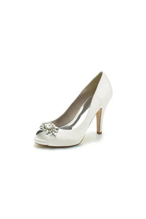 Champagne Satin High Heels with Crystal Flower Ornament - KissProm