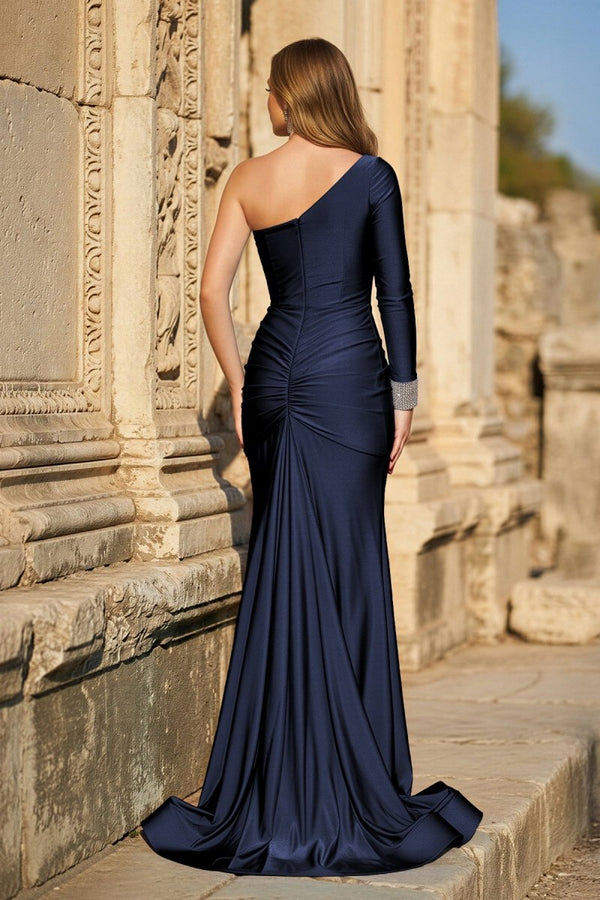Blue One - Sleeve Mermaid Long Gown with Slit - KissProm
