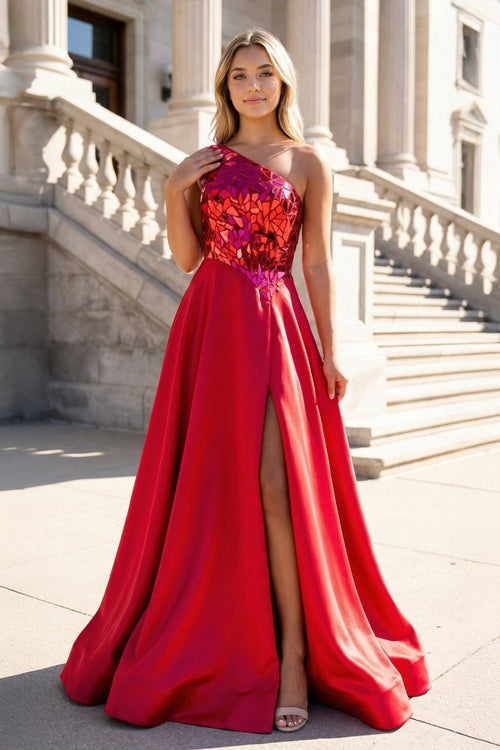 A Line One Shoulder Sequins Long Prom Dress with Slit - KissProm