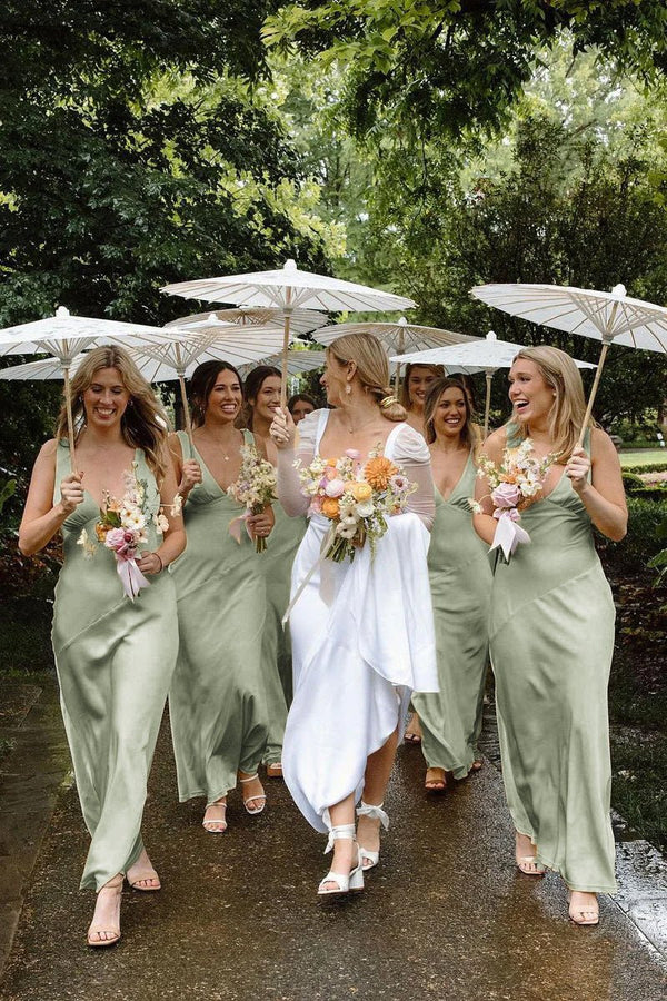 Charming Sheath V Neck Stretch Satin Bridesmaid Dresses - KissProm