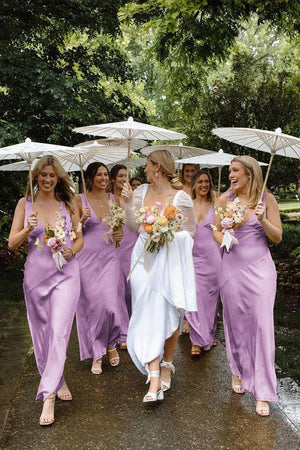 Charming Sheath V Neck Stretch Satin Bridesmaid Dresses - KissProm