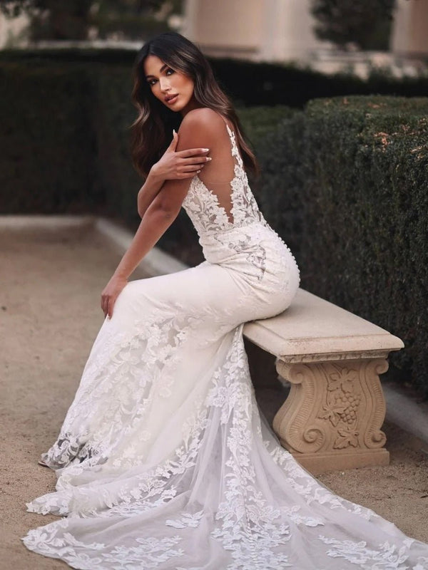 Mermaid V Neck Satin Wedding Dresses with Lace Appliques – Wedding Dresses by Kissprom | Available at KissProm