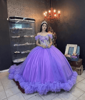 Ball Gown Organza Off - the - Shoulder Purple Quinceanera Dress - KissProm