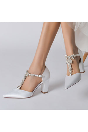 Chic Rhinestone Pointed Toe Ankle Strap Buckle Chunky Heel - KissProm