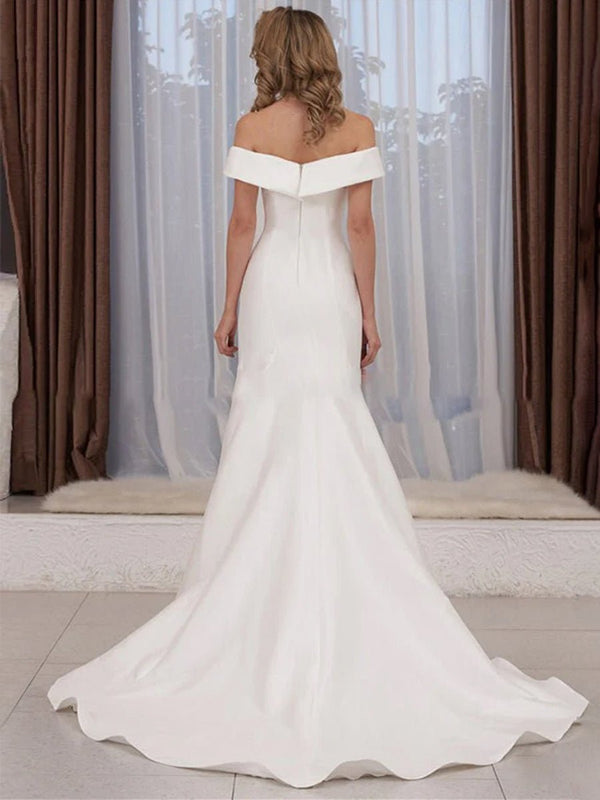 Chic Satin Off the Shoulder Sleeveless Sweep - Train Bridal Dress - KissProm