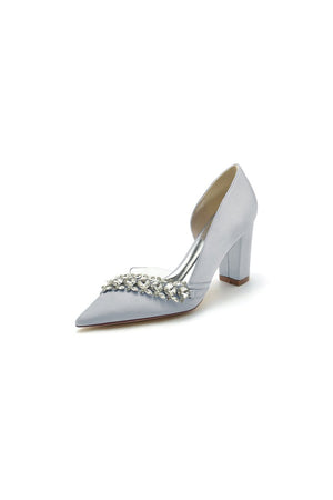 Chic Satin Pointed Toe Slip - on Chunky Heels With Rhinestone - KissProm