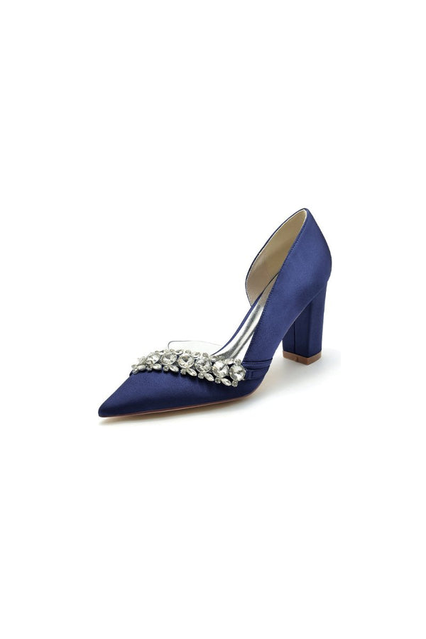 Chic Satin Pointed Toe Slip - on Chunky Heels With Rhinestone - KissProm