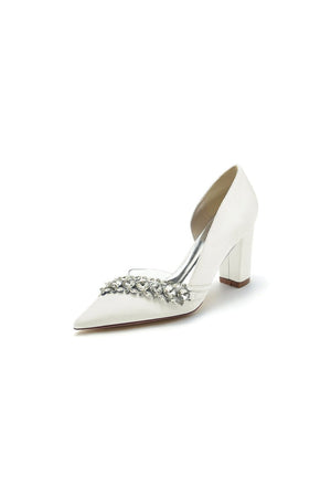 Chic Satin Pointed Toe Slip - on Chunky Heels With Rhinestone - KissProm