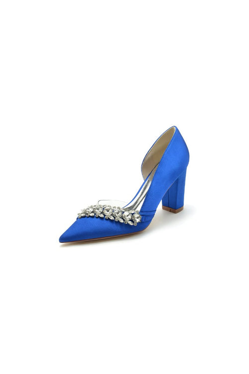 Chic Satin Pointed Toe Slip - on Chunky Heels With Rhinestone - KissProm